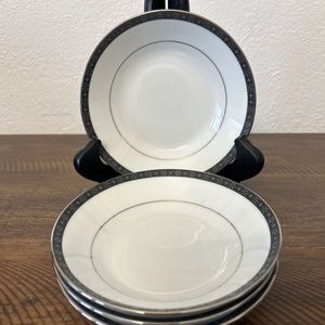 Noritake Peking 2229 White Geometric Black Trim Band Fruit Bowl Set of 4